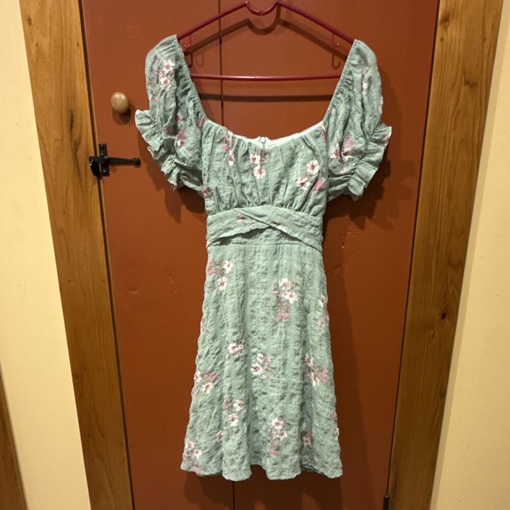 Altar'd State Green Floral round Neck Puff Sleeve Ruffled Mini Dress SZ large